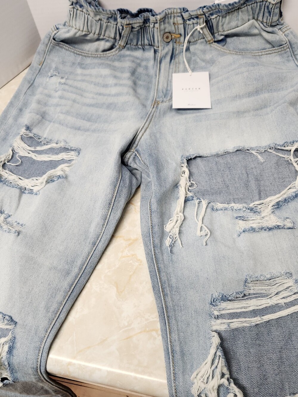 Kancan High Rise Paper Bag Light Wash Distressed Jeans Sz 13 / 30 New - Picture 7 of 12